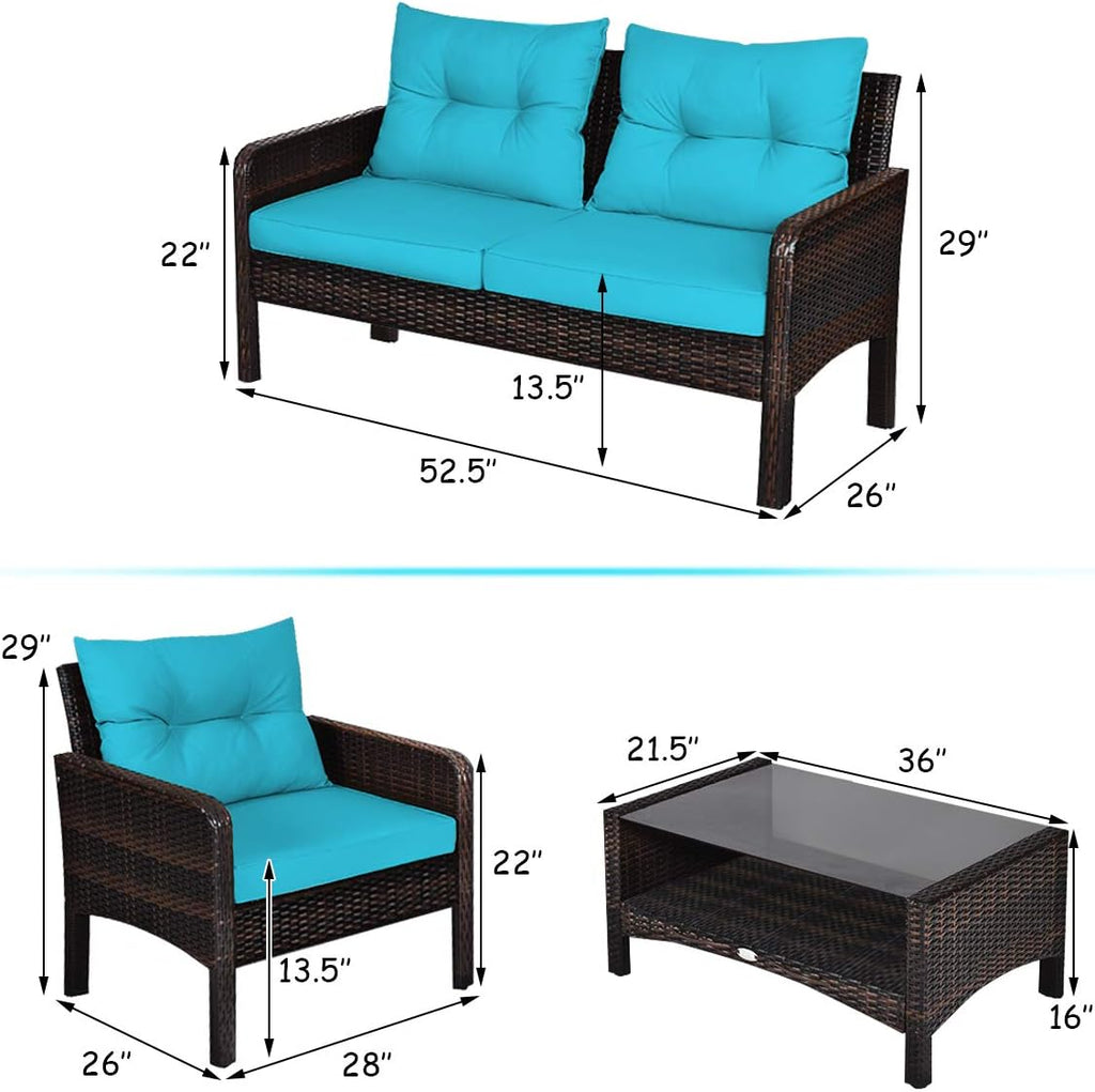 COSTWAY 4-Piece Patio Furniture Set, Sectional Wicker Rattan Sofa Chair with Cushion, Loveseat, Coffee Table with Tempered Glass and Shelf, Outdoor Conversation Sets for Poolside Porch (Turquoise)