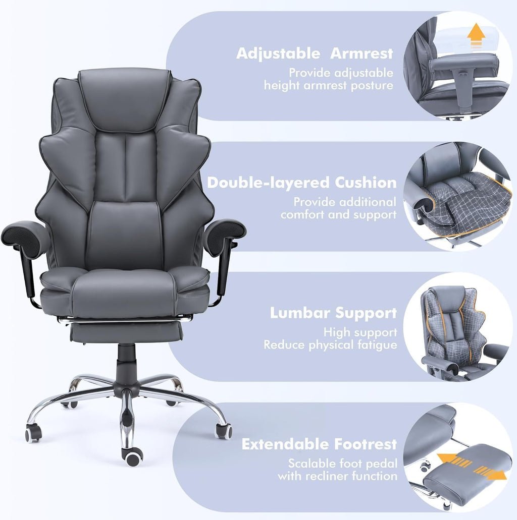 HOMREST 6-Point Massage Executive Chair,Heat Office Chair,Ergonomic Home Office Desk Chairs with Retractable Footrest and Reclining Function,Leather Computer Chair with Adjustable Armrest(‌Grey)