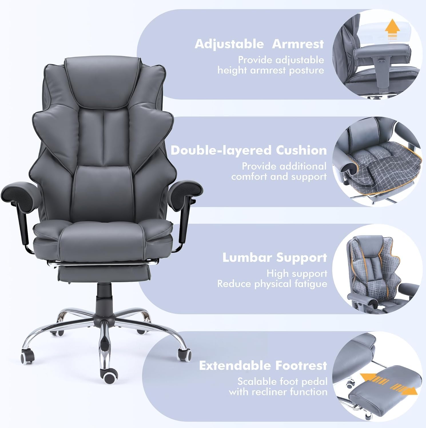 HOMREST 6-Point Massage Executive Chair,Heat Office Chair,Ergonomic Home Office Desk Chairs with Retractable Footrest and Reclining Function,Leather Computer Chair with Adjustable Armrest(‌Grey)