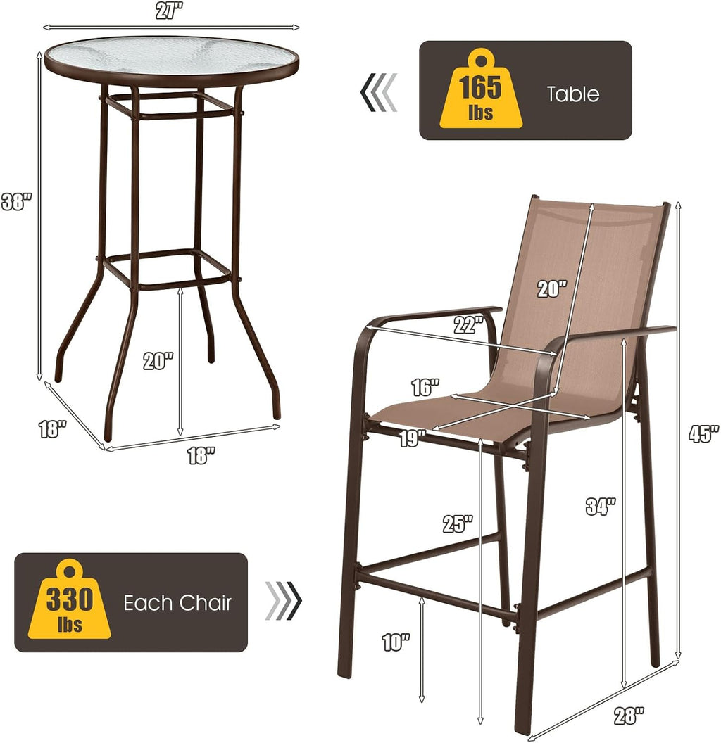 Tangkula 3 Pieces Outdoor Patio Bar Set, Outdoor Bistro Set with 2 Bar Stools and 1 Tempered Glass Bar Table, Bar Height Patio Table and Stools Set for Backyard, Garden, Lawn (Coffee)