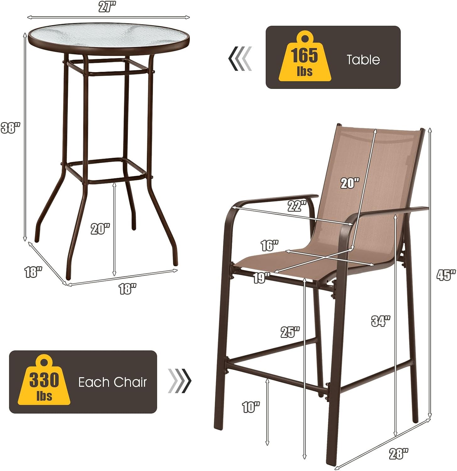 Tangkula 3 Pieces Outdoor Patio Bar Set, Outdoor Bistro Set with 2 Bar Stools and 1 Tempered Glass Bar Table, Bar Height Patio Table and Stools Set for Backyard, Garden, Lawn (Coffee)