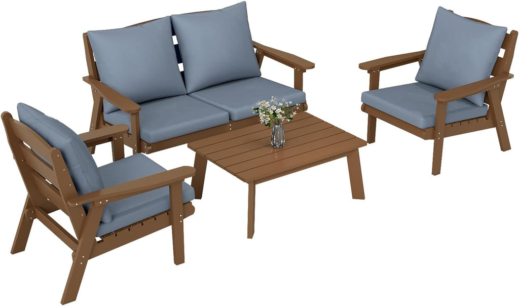 FOOWIN 4-Piece Patio Furniture Set, HDPE All-Weather Outdoor Conversation Set with Thick Cushions, Sectional Patio Sofa Furniture for Deck, Porch, Lawn, Garden, Brown Frame & Grey Cushion