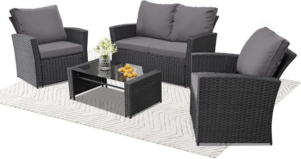 FHFO 4 Piece Patio Furniture Set, Wicker Outdoor Conversation Furniture Set, All Weather Patio Sofa Couch with Cushion & Glass Table, Black/Grey