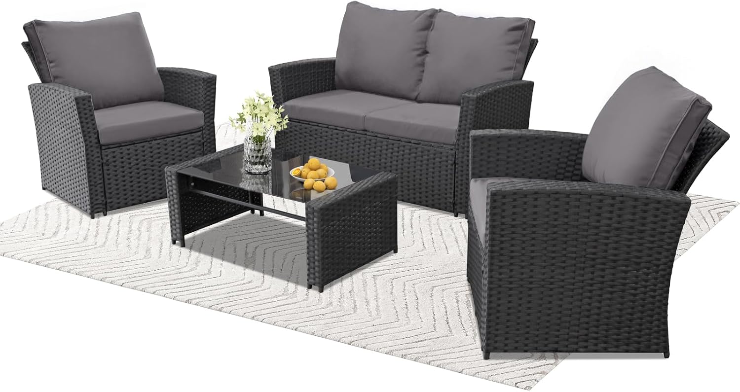 FHFO 4 Piece Patio Furniture Set, Wicker Outdoor Conversation Furniture Set, All Weather Patio Sofa Couch with Cushion & Glass Table, Black/Grey