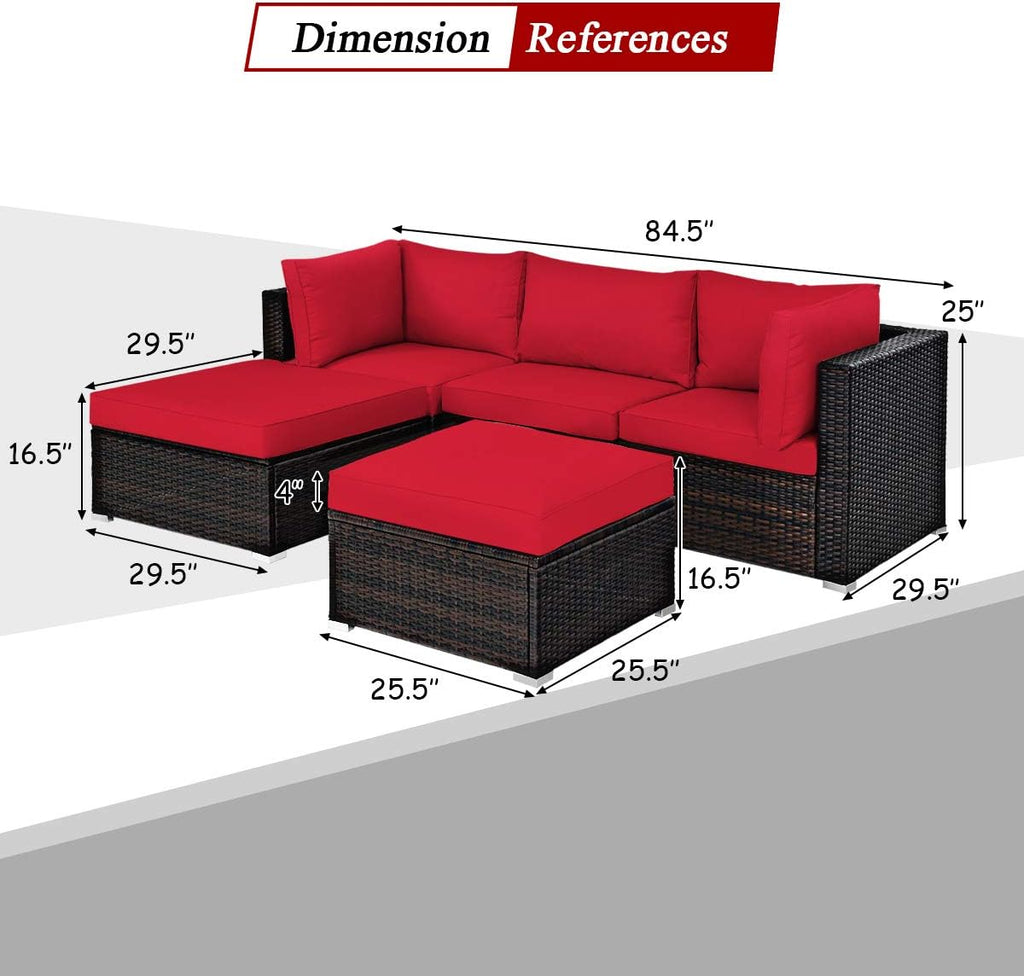 Tangkula 5 Piece Patio Furniture Set, Outdoor Sectional Rattan Sofa Set with Cushions and Coffee Table, Suitable for Backyard Porch Garden Poolside and Deck, Wicker Conversation Set (Red)