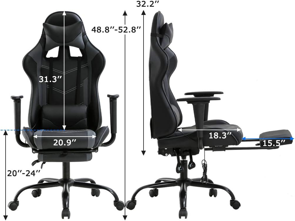 BestOffice Ergonomic Gaming Chair, Grey, Adjustable, Vibration, Faux Leather