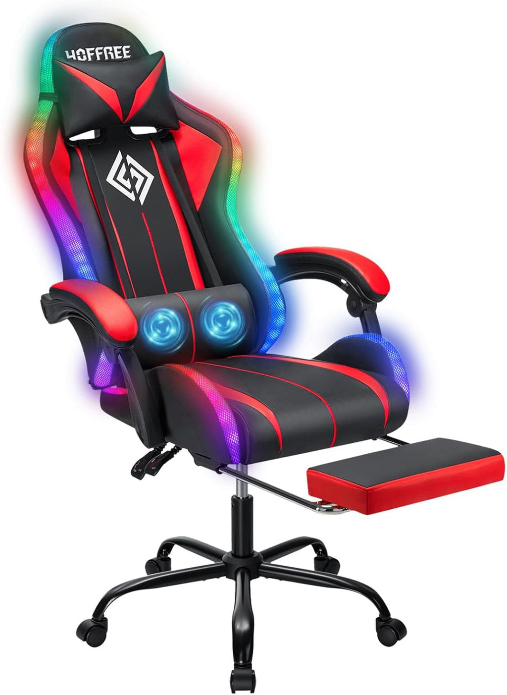 RGB Gaming Chair Massage with LED Lights and Footrest Ergonomic Computer Gaming Chair with High Back Video Game Chair with Adjustable Lumbar Support Red and Black