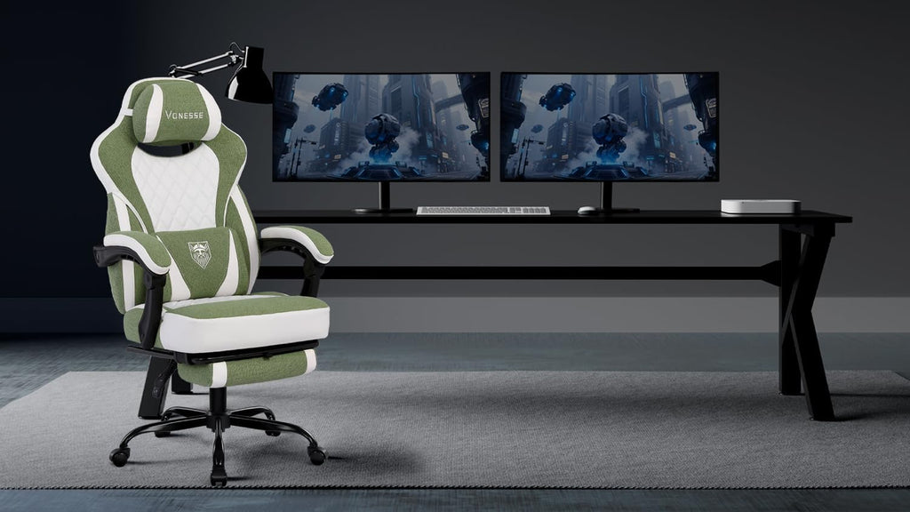 Vonesse Gaming Chair, Reclining Fabric Gaming Chairs for Adults 250LBS, Office Chair with Pocket Spring Cushion, Computer Chair with Footrest and Massage Lumbar Support (Green)