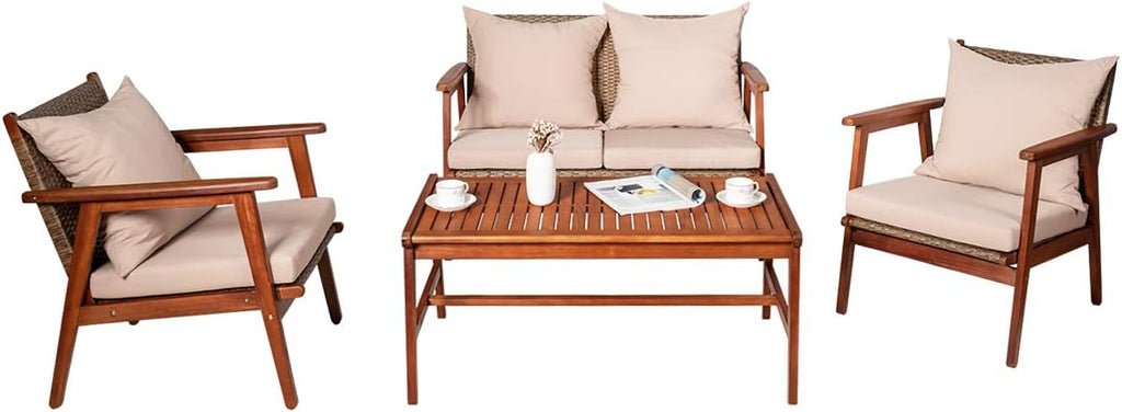 Tangkula 4 PCS Patio Wood Sofa Set, Outdoor Acacia Wood Seating Chat Set with Cushions & Coffee Table, Sectional Conversation Sofa Set for Garden, Backyard, Poolside (1, Brown)
