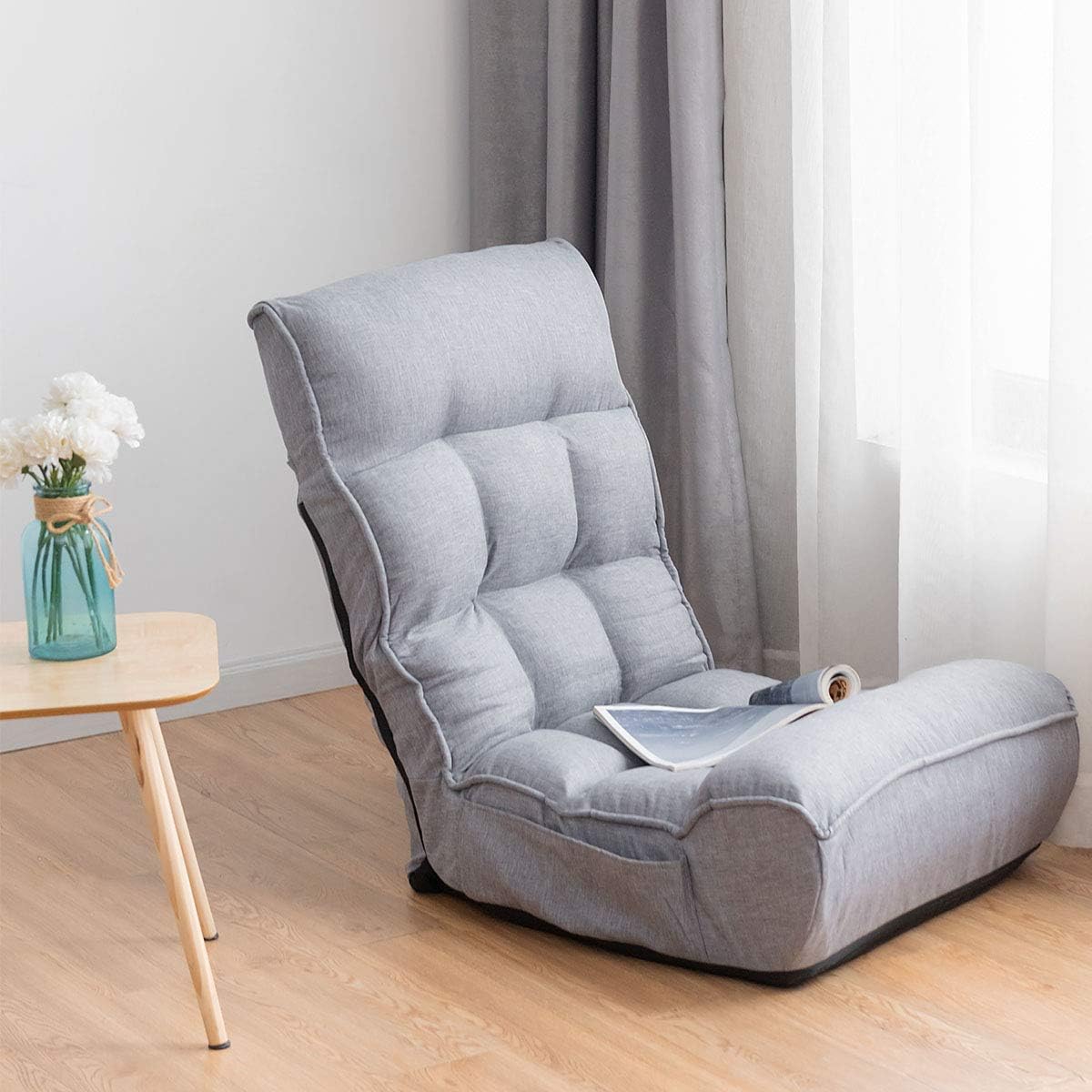 Giantex Floor Chairs for Adults with 4-Position Adjustable Back, 6-Position Adjustable Headrest, Side Pocket, No Assembly Required, Banana Chair, Folding Floor Gaming Chair, Grey