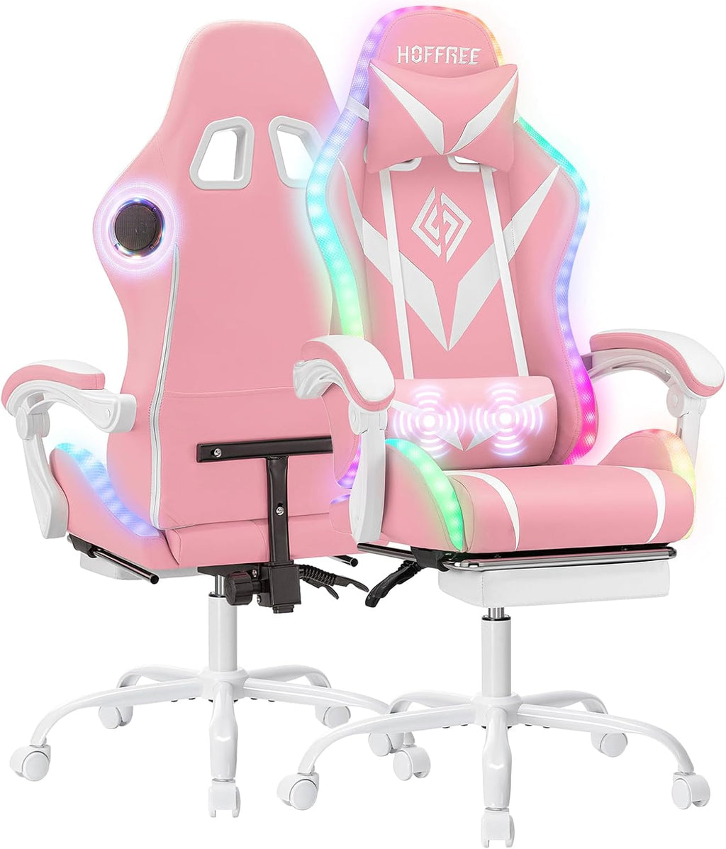 Gaming Chair Pink Massage with Bluetooth Speakers and RGB LED Lights Cute Ergonomic Computer Massage Gaming Chair with Footrest Music Video Game Chair High Back with Lumbar Support Pink and White