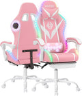 Gaming Chair Pink Massage with Bluetooth Speakers and RGB LED Lights Cute Ergonomic Computer Massage Gaming Chair with Footrest Music Video Game Chair High Back with Lumbar Support Pink and White
