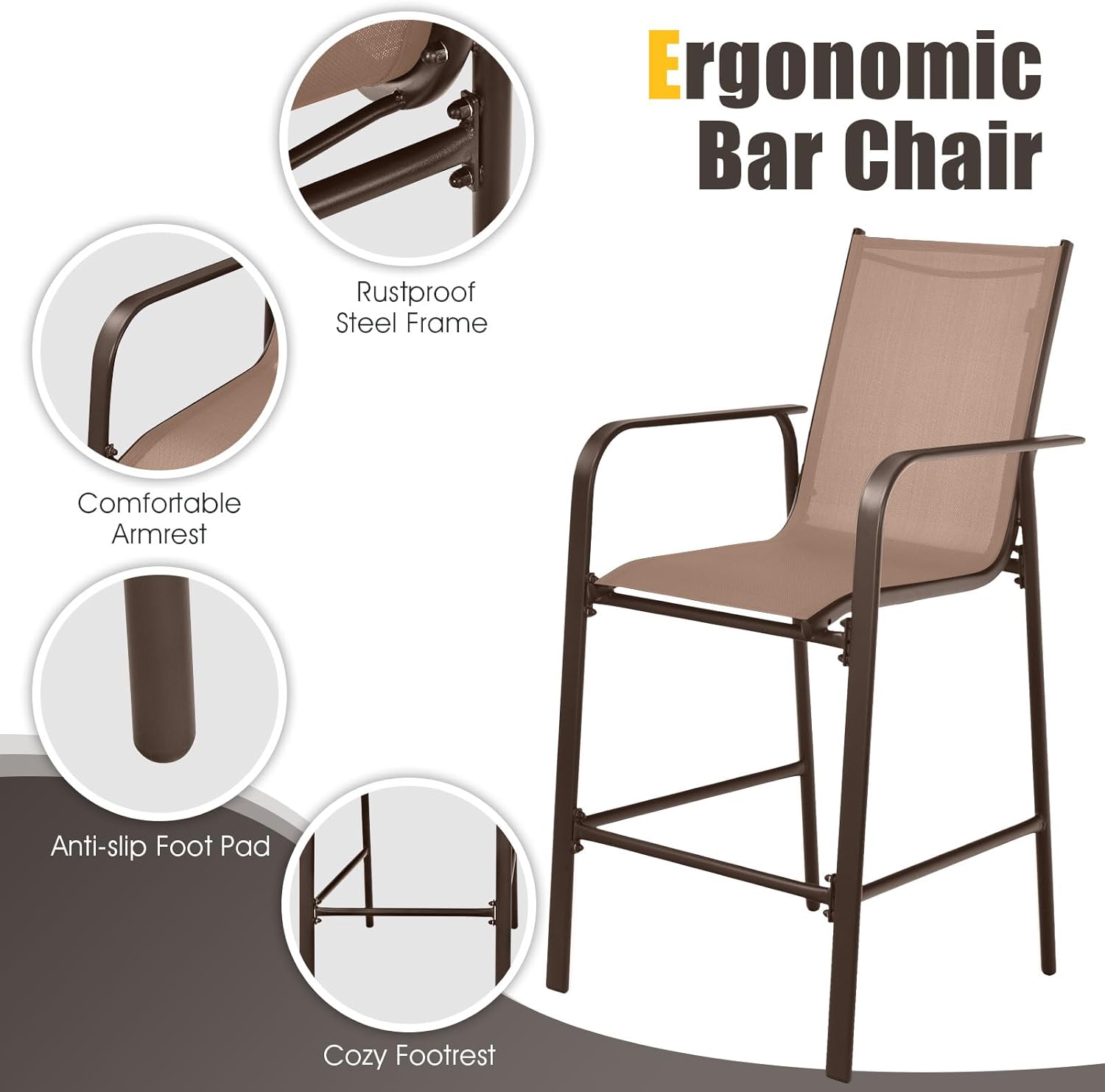 Tangkula 3 Pieces Outdoor Patio Bar Set, Outdoor Bistro Set with 2 Bar Stools and 1 Tempered Glass Bar Table, Bar Height Patio Table and Stools Set for Backyard, Garden, Lawn (Coffee)