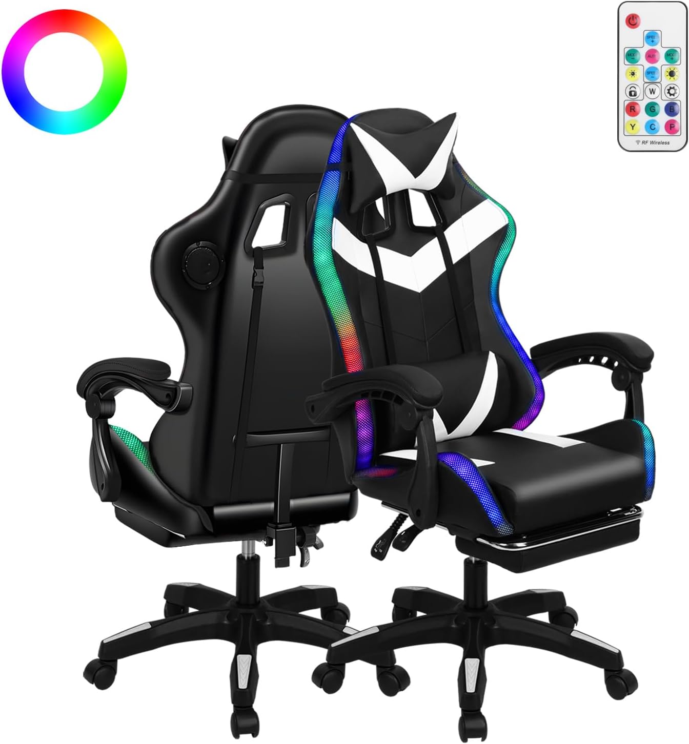 Gaming Chair with Bluetooth Speakers and RGB LED Lights, High Back Video Game Massage Chair 360° Swivel Height Adjustable Recliner with Footrest & Headrest Lumbar Support Pillows (Black & White)