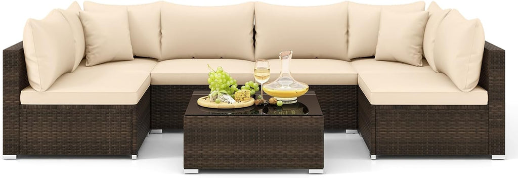 Tangkula 7 Pieces Wicker Patio Furniture Set, All-Weather Outdoor Rattan Sectional Sofa Set with Cushions & Tempered Glass Coffee Table, Outside Sofa Set for Garden, Lawn, Deck, Backyard