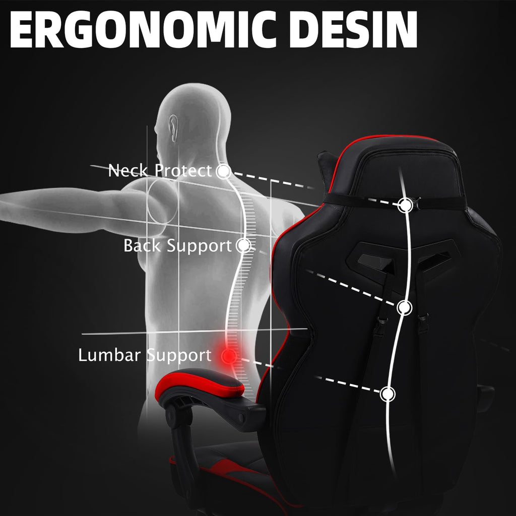Vonesse Gaming Chair, High Back Gaming Chair with Footrest and Massage, Gaming Chairs for Adults with Pocket Spring Cushion, Big and Tall Reclining Computer Chair with Lumbar Support (Red/Black)