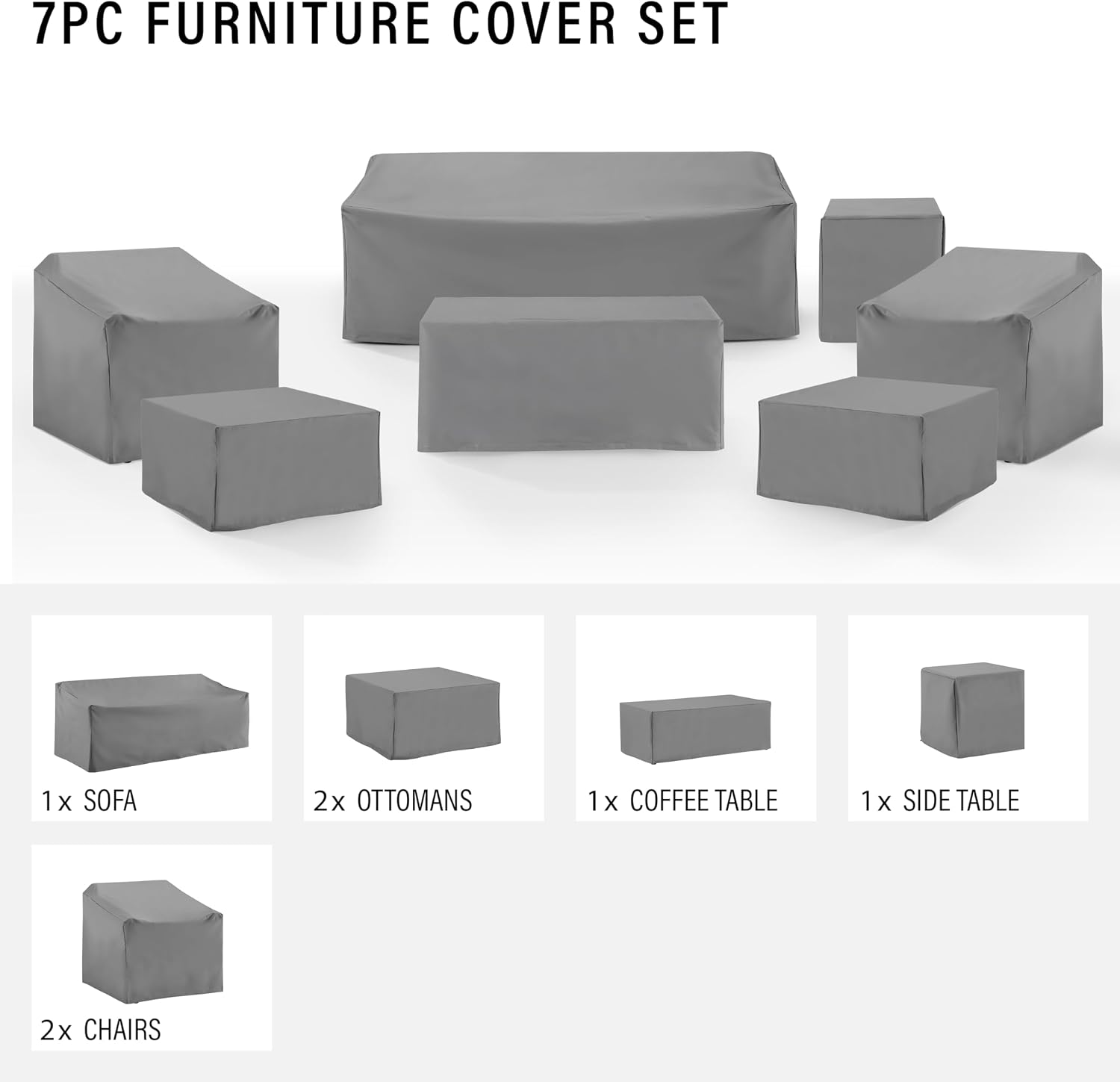 Crosley Furniture Patio Furniture Covers, Waterproof 7-Piece Cover Set for Outdoor Chairs, Sofa, Tables, Gray