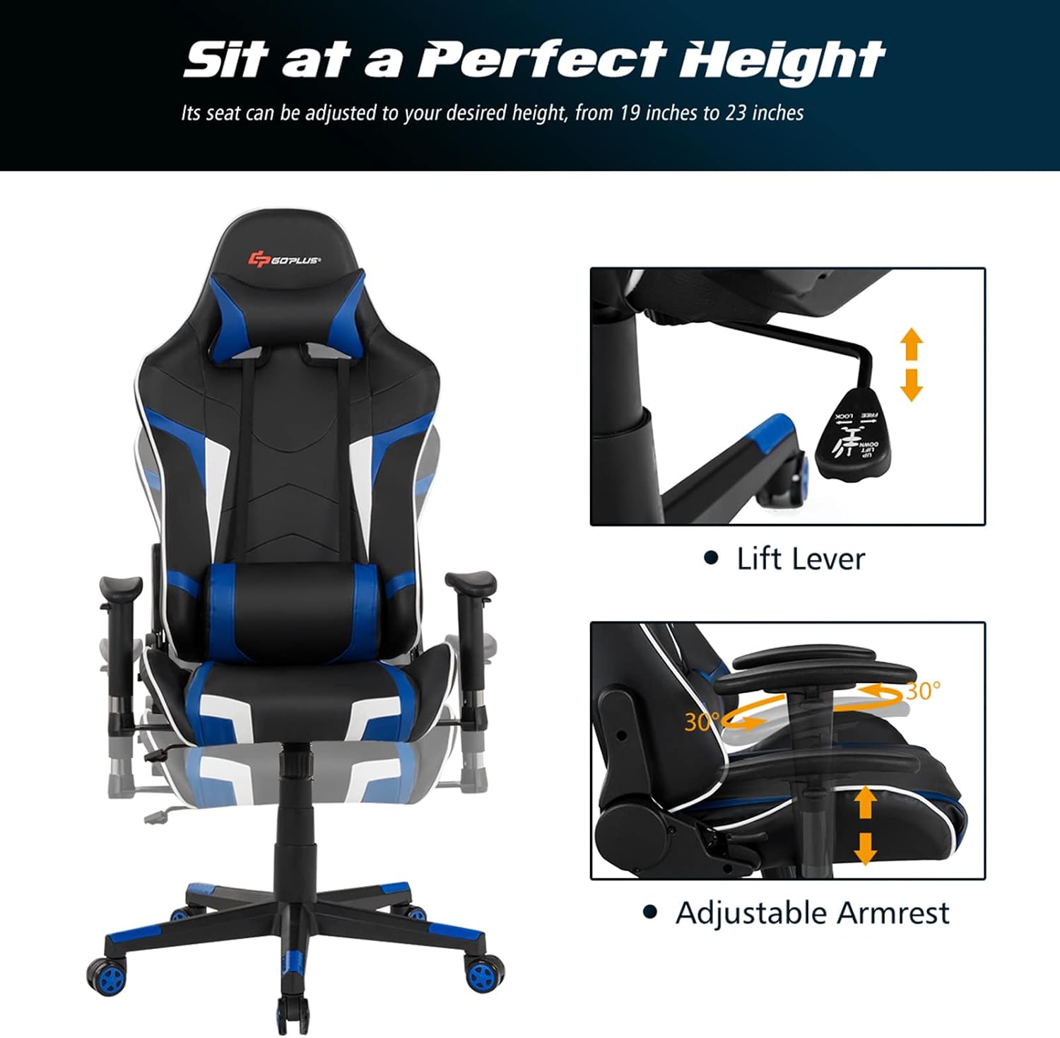 Goplus Gaming Chair - Racing Style, High Back PU Leather, Adjustable Arms & Headrest, Ergonomic Reclining Game Chair with Rolling Swivel Base