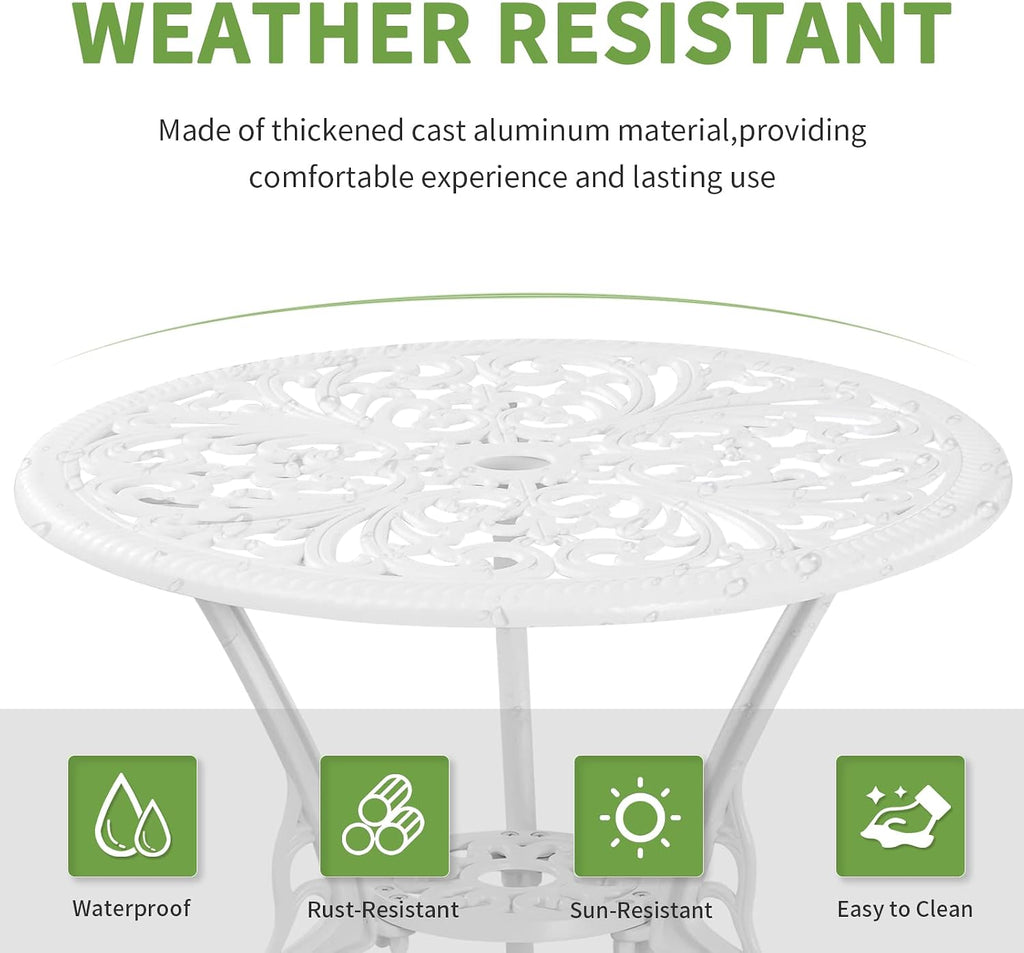 Bistro Set 3 Piece Outdoor Cast Aluminum Patio Bistro Set with Umbrella Hole, All Weather Bistro Table and Chairs Set, Small Patio Furniture Set for Garden, Porch,White