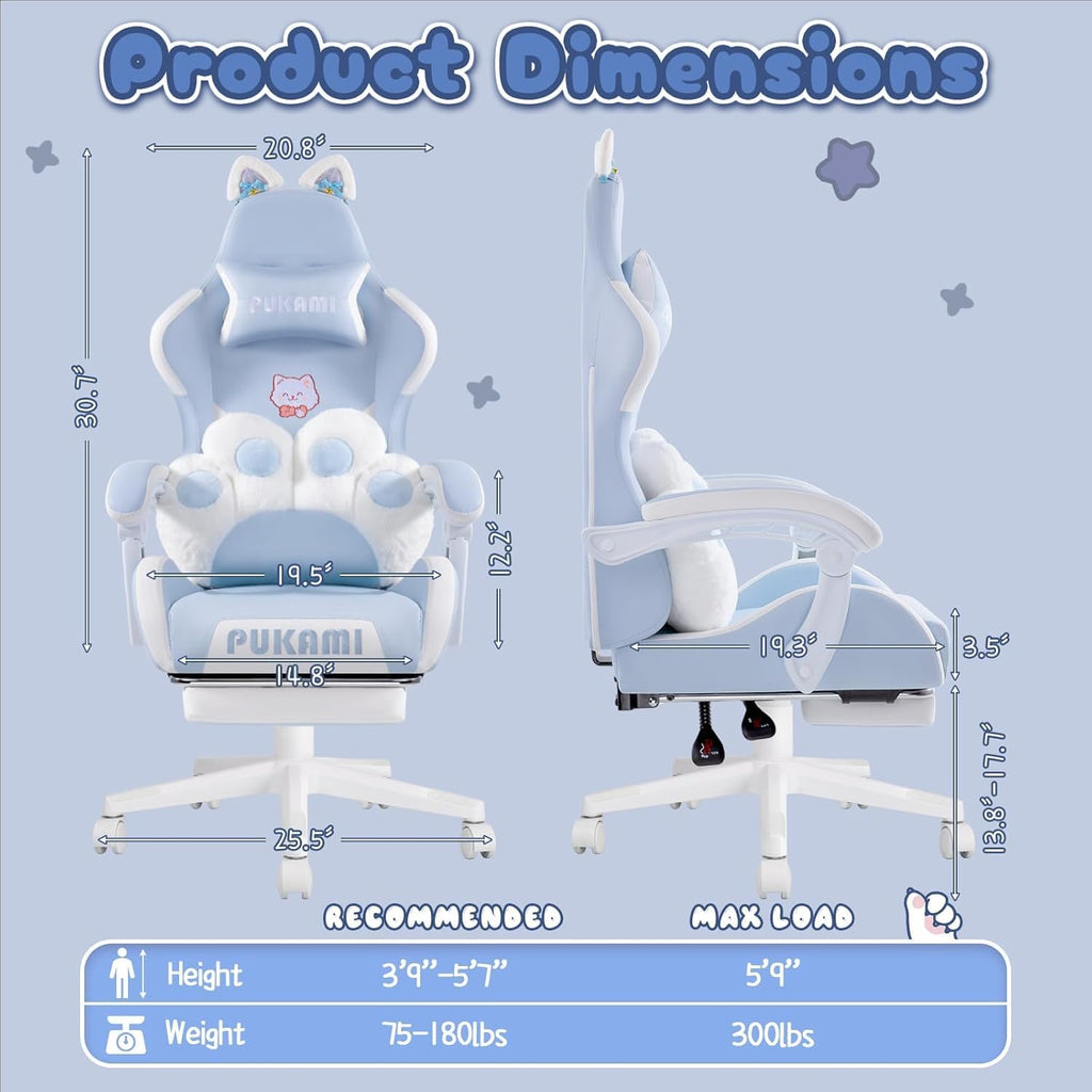 PUKAMI Gaming Chair with Cat Ears,Cute Computer Chair for Girl with Footrest,Ergonomic Gamer Chair, Kawaii Gaming Chair, Game Chair (Blue)