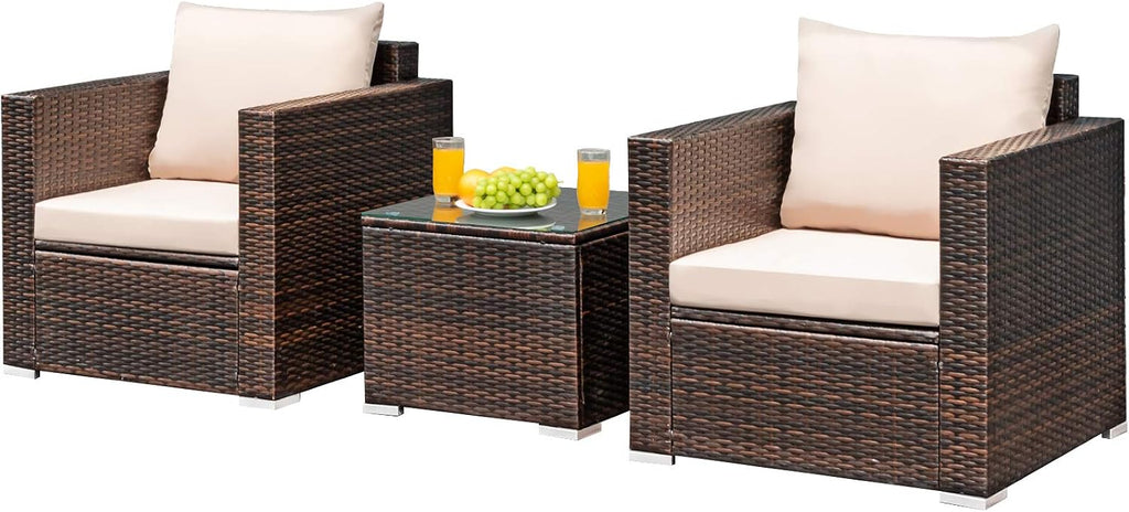 Tangkula 3 Pieces Patio Furniture Set, Outdoor Conversation Rattan Furniture Set w/Washable Cushion and Tempered Glass Tabletop, PE Rattan Wicker Sofa Set for Garden Poolside Balcony