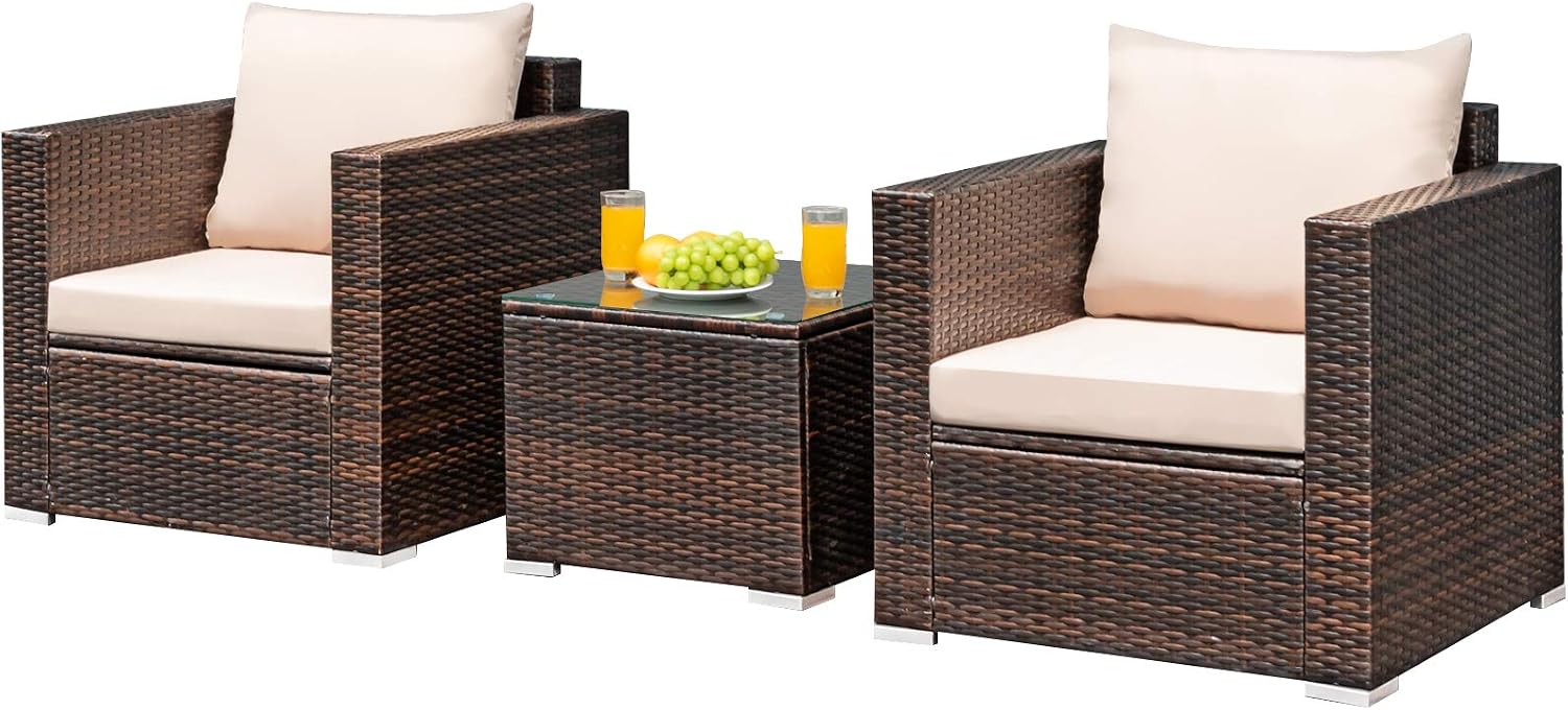 Tangkula 3 Pieces Patio Furniture Set, Outdoor Conversation Rattan Furniture Set w/Washable Cushion and Tempered Glass Tabletop, PE Rattan Wicker Sofa Set for Garden Poolside Balcony