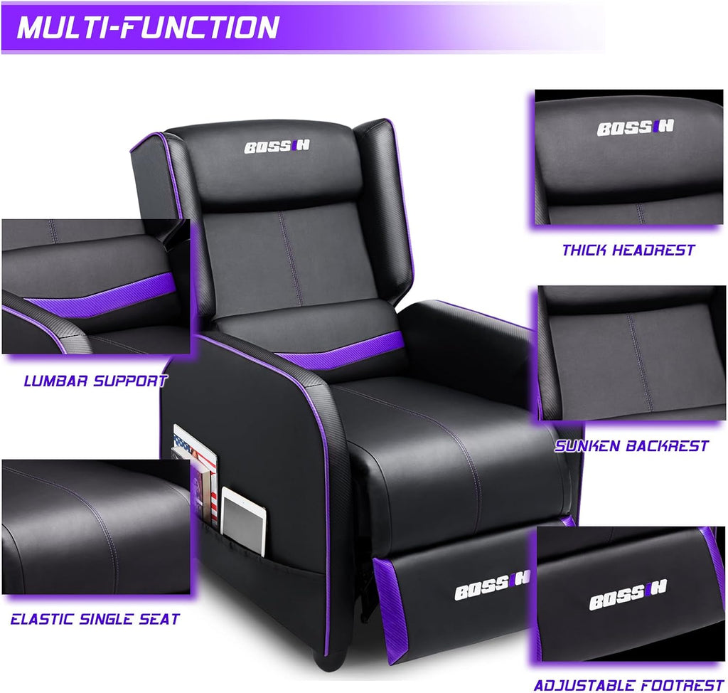 BOSSIN Gaming Recliner Chair for Adults 400lbs Racing Style Sofa Big and Tall PU Leather Recliner Seating, Modern Ergonomic Lounge Comfortable Home Movie Theater for Living Room(Purple)