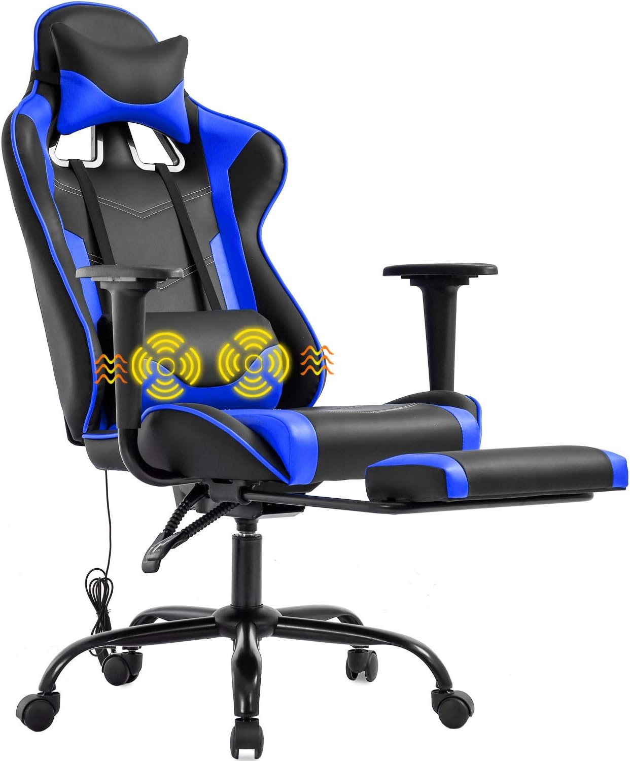 Gaming Chair Office Chair Desk Chair Massage PU Leather Recliner Racing Chair with Headrest Armrest Footrest Rolling Swivel Task PC Ergonomic Computer Chair for Back Support, Blue
