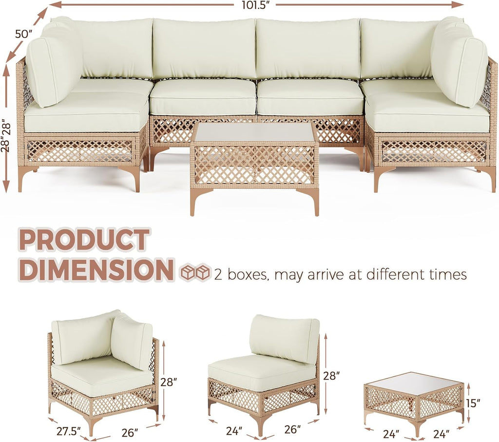 Outdoor Patio Furniture Set, Wicker Outdoor Sectional Set, Boho Patio Conversation Sectional Sofa with Large Tempered Glass Coffee Table and Waterproof Cushion (Large Size 7-Piece Patio Furniture)