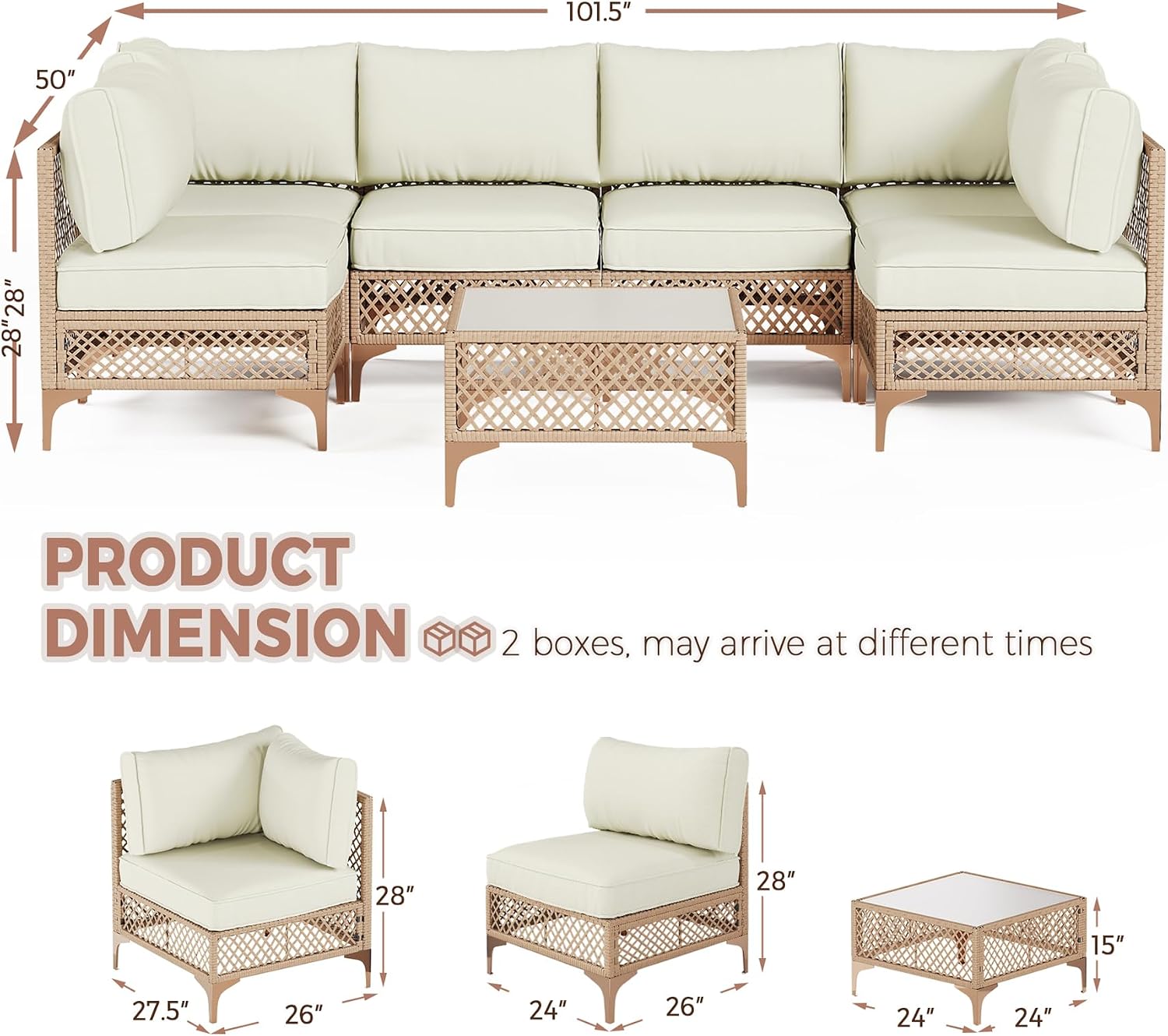 Outdoor Patio Furniture Set, Wicker Outdoor Sectional Set, Boho Patio Conversation Sectional Sofa with Large Tempered Glass Coffee Table and Waterproof Cushion (Large Size 7-Piece Patio Furniture)
