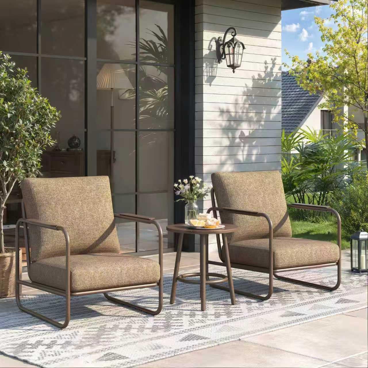 3 Piece Outdoor Chair Set with Side Table, 2 Patio Accent Chairs & Coffee Table, Sturdy Aluminum Frame, 6' Thick Cushions, 24' Wide Seat, All-Weather for Porch Deck Backyard, Brown