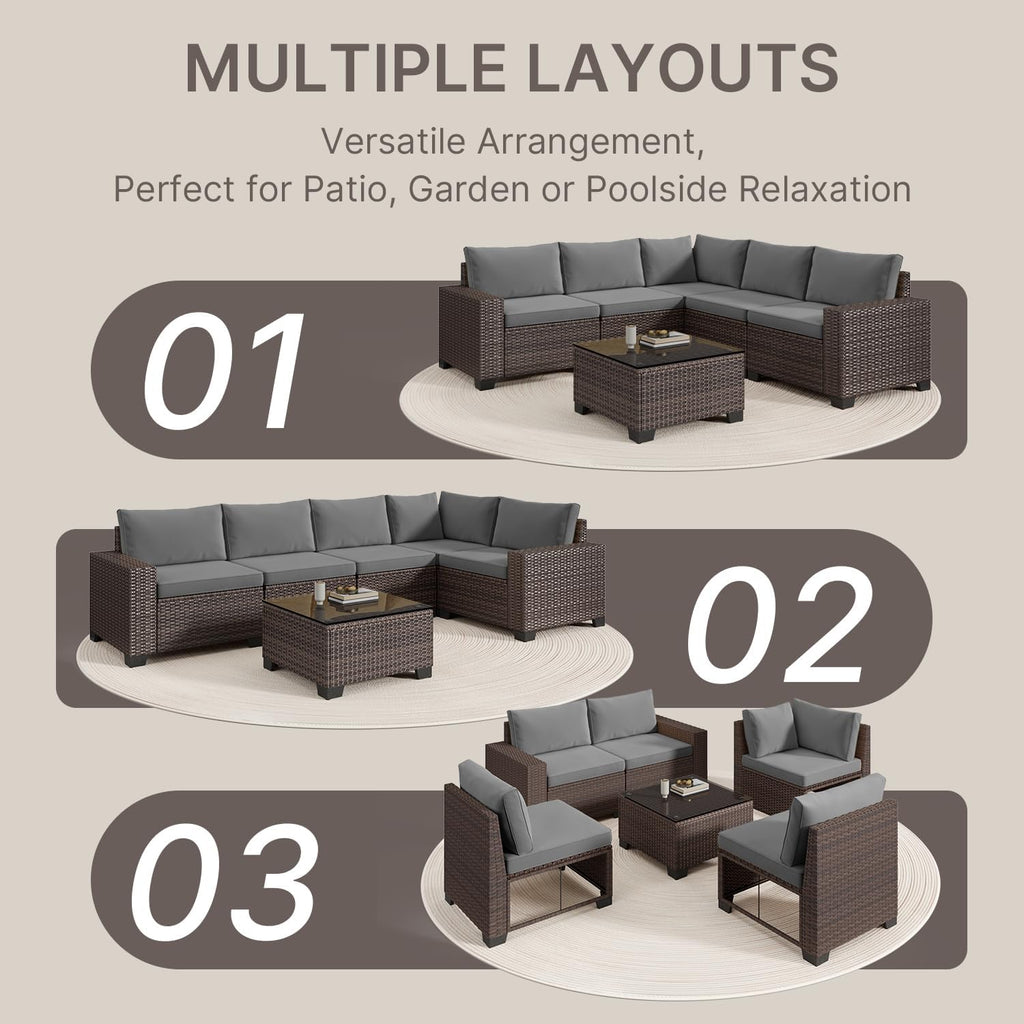 Gizoon 6-Piece Outdoor Patio Furniture Set, PE Wicker Rattan Sectional Sofa Conversation Set with Thickened Cushions and Coffee Table, All-Weather Patio Furniture for Garden, Backyard, Poolside, Grey