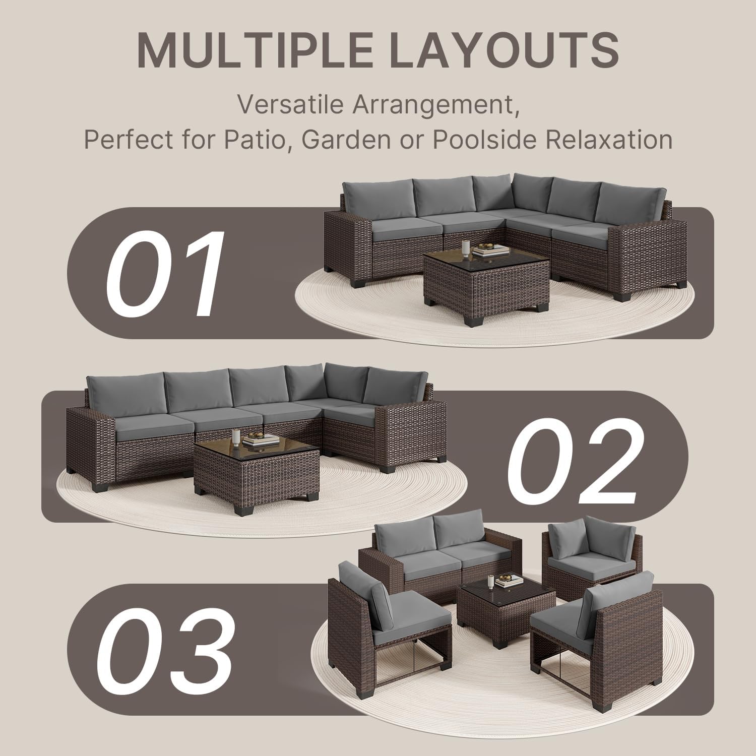 Gizoon 6-Piece Outdoor Patio Furniture Set, PE Wicker Rattan Sectional Sofa Conversation Set with Thickened Cushions and Coffee Table, All-Weather Patio Furniture for Garden, Backyard, Poolside, Grey