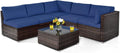 COSTWAY 6-Piece Outdoor Patio Furniture Set, Rattan Sectional Sofa Set with Tempered Glass Coffee Table and Cushions for Garden, Deck, Backyard (Navy)