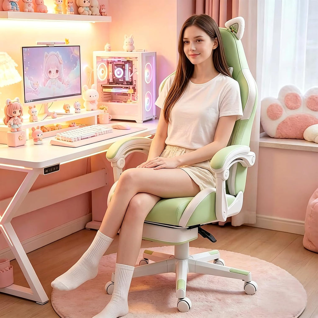 Vigosit Cute Cat Ears Gaming Chair for Women Girls - Ergonomic PU Leather Office Chair with Footrest cat paw Pillow, 360° Swivel Recliner, Green
