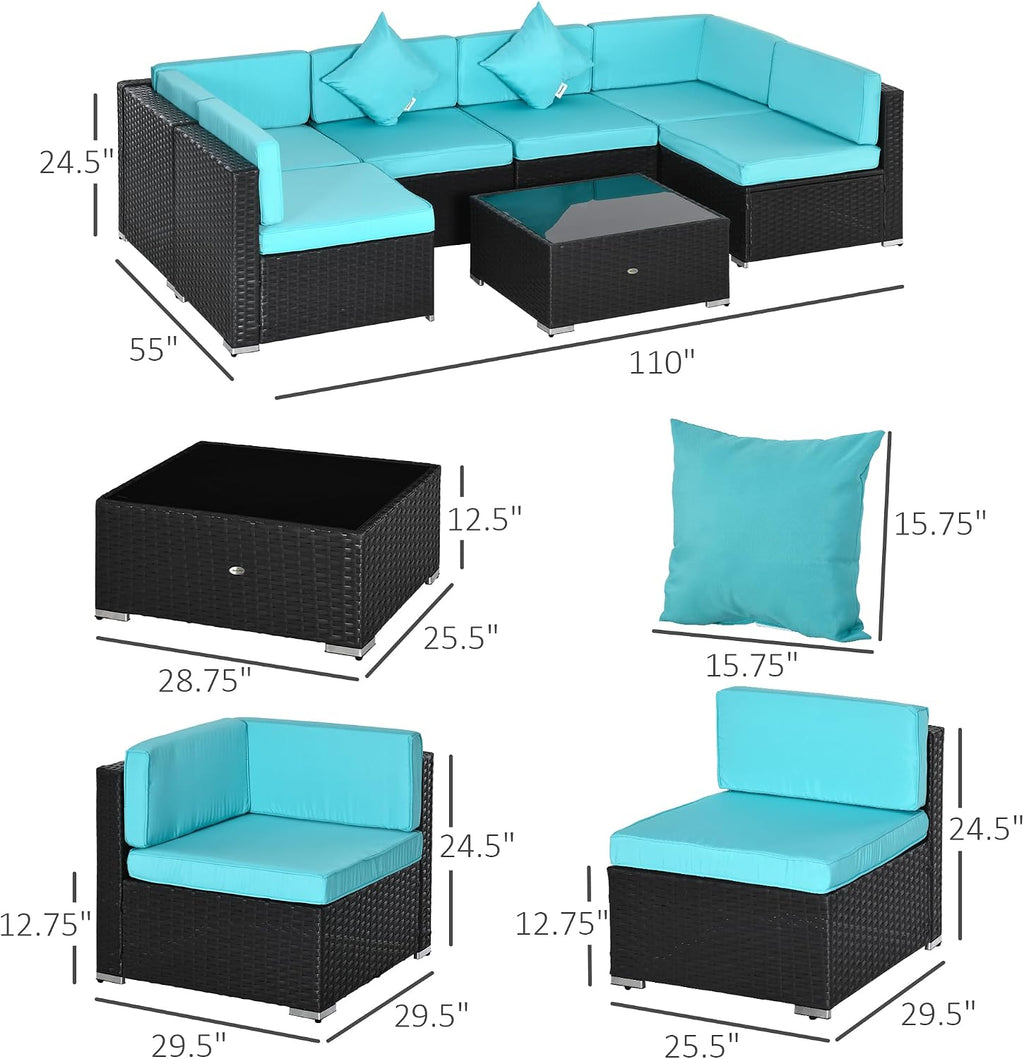 Outsunny 7-Piece Patio Furniture Sets Outdoor Wicker Conversation Sets All Weather PE Rattan Sectional Sofa Set with Cushions & Tempered Glass Desktop, Turquoise