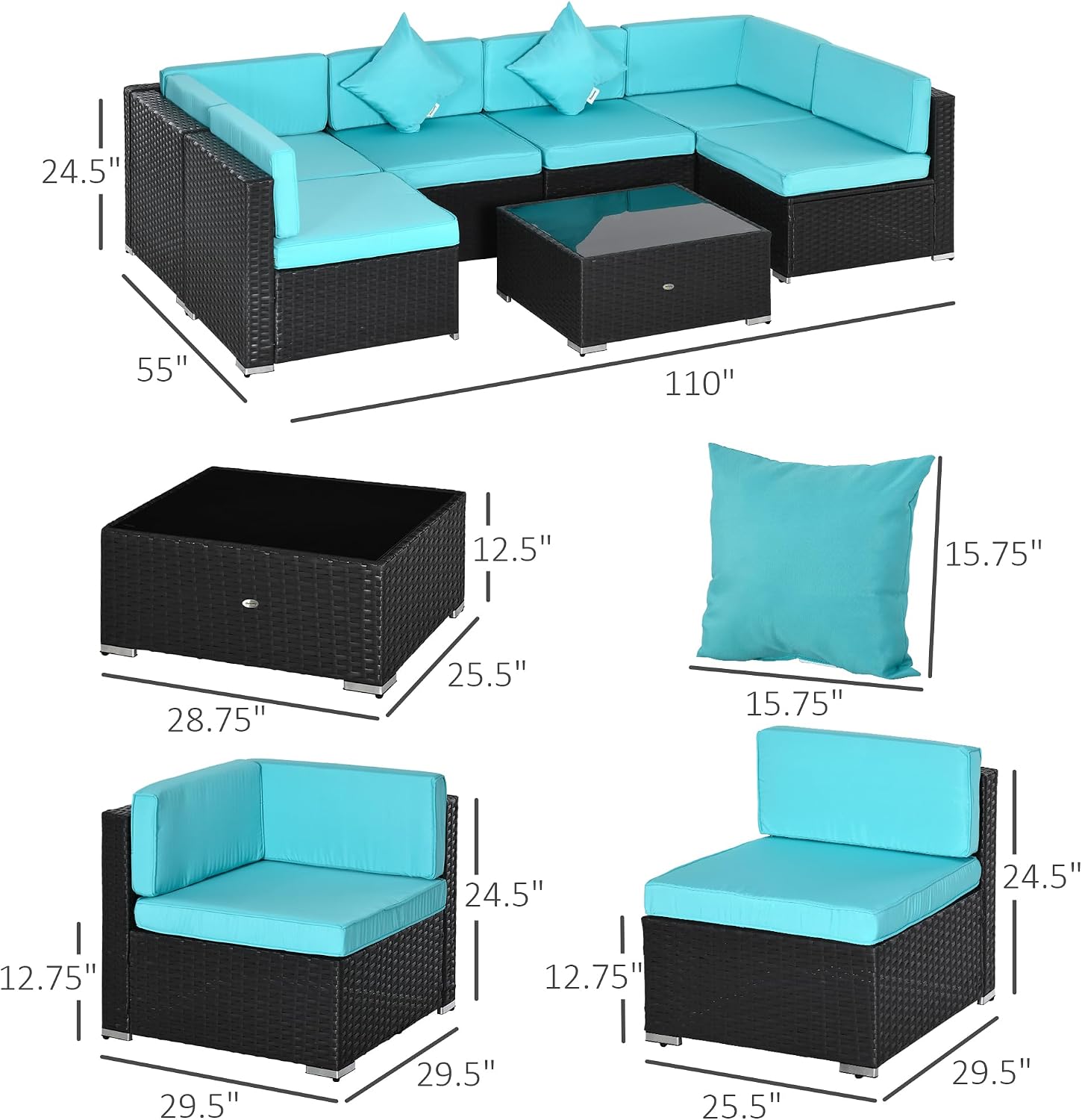 Outsunny 7-Piece Patio Furniture Sets Outdoor Wicker Conversation Sets All Weather PE Rattan Sectional Sofa Set with Cushions & Tempered Glass Desktop, Turquoise