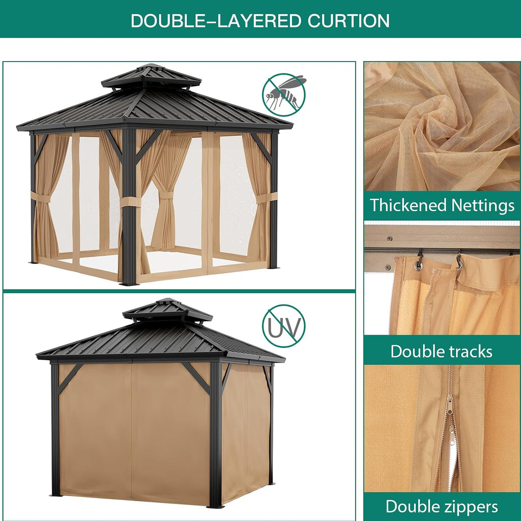 GarveeHome Outdoor Gazebos Canopy 10 x 10 ft Permanent with High Strength Aluminum Frame, Iron Double-Roof, Pavilion with Curtain and Netting for Patio, Lawn, Deck, Garden