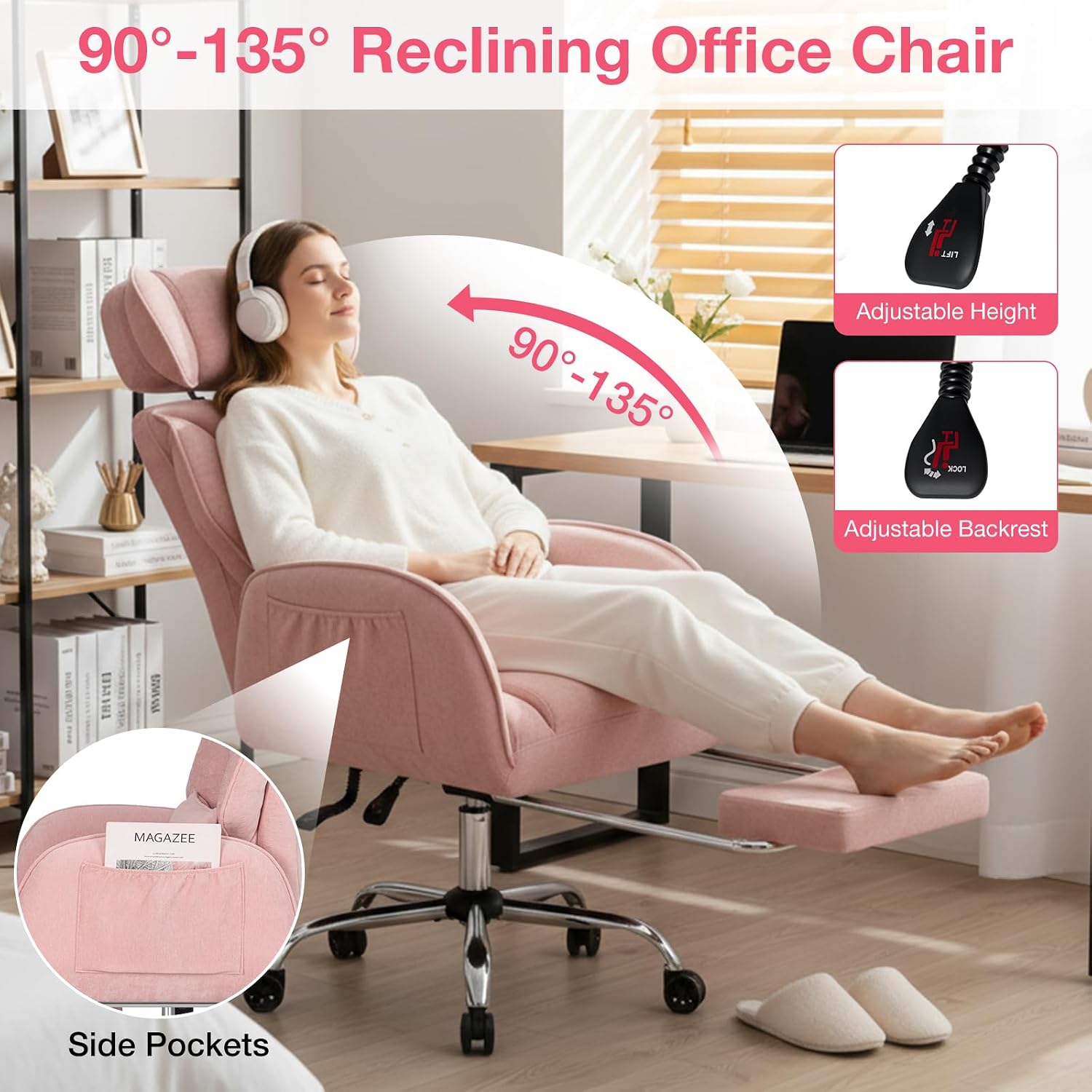 HOFFREE Criss Cross Chair with Wheels Ergonomic Office Chair with Reversible Armrest Wide Seat Comfy Desk Chair with Foot Rest for Gaming,Reading,Working(Pink)
