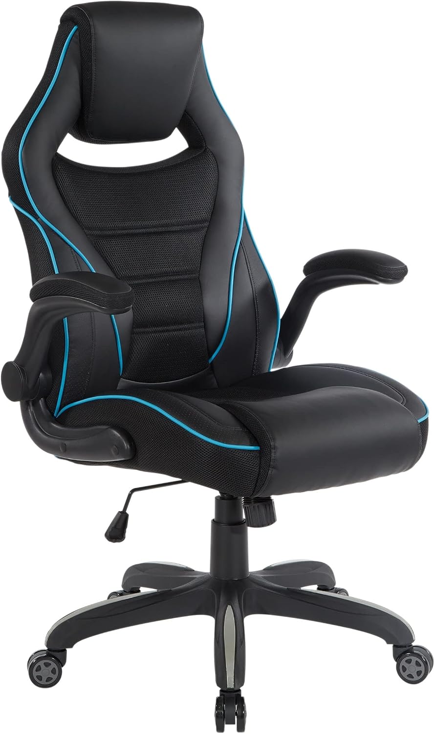 OSP Home Furnishings Xeno Ergonomic Adjustable Faux Leather Gaming Chair with Integrated Headrest and Airflow Cooling Material, Black with Blue Accents