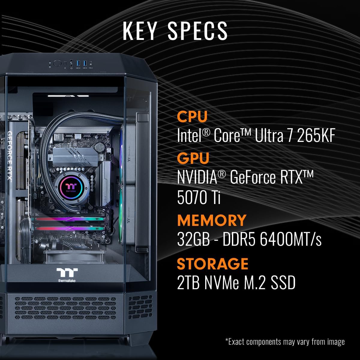 Thermaltake LCGS Reactor u2670T Gaming Desktop (Intel® Core™ Ultra 7 265KF, 32GB 6400MT/s DDR5 RGB Memory, NVIDIA GeForce® RTX 5070 Ti, 2TB NVMe M.2, WiFi, Windows 11) T3BK-B860-57T-LCS