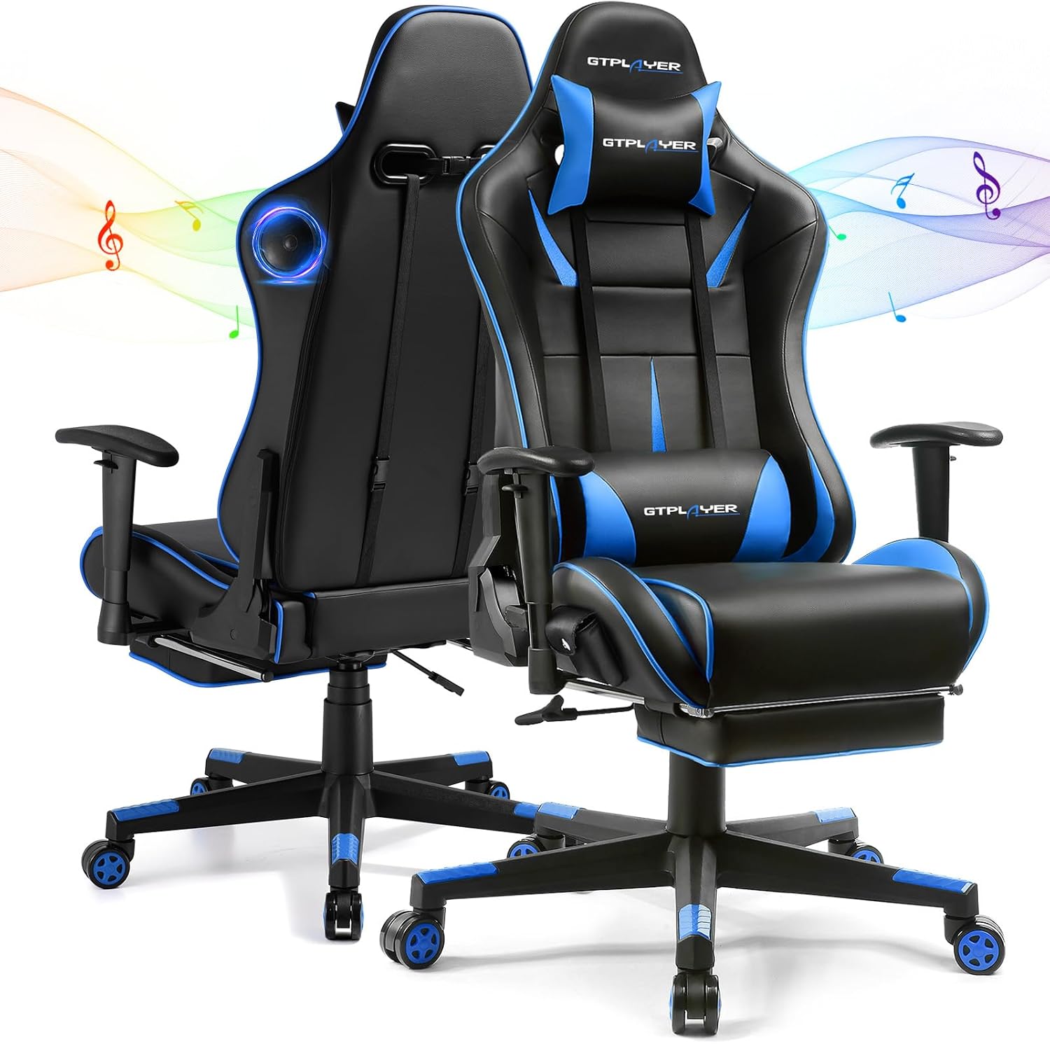 GTPLAYER Gaming Chair with Speakers, Video Game Chairs with Footrest for Adults, Ergonomic Computer PC Gamer Reclining Chair(Blue)