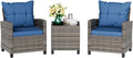 Vongrasig 3 Piece Patio Furniture Set Small Outdoor Wicker Rattan Front Porch Bistro Set Cushioned Patio Chairs Conversation Set with Glass Table for Lawn, Garden, Backyard, Balcony, Poolside (Blue)