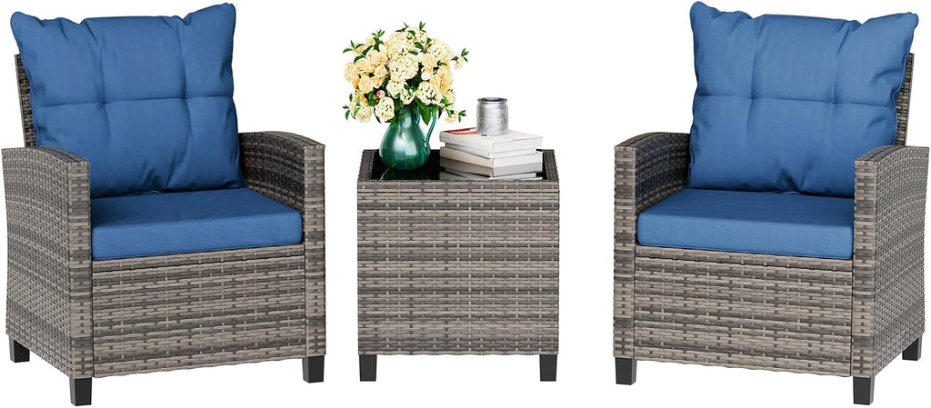 Vongrasig 3 Pieces Patio Furniture Set Small Outdoor Wicker Rattan Front Porch Bistro Set Cushioned Patio Chairs Conversation Set with Glass Table for Lawn, Garden, Backyard, Balcony, Blue