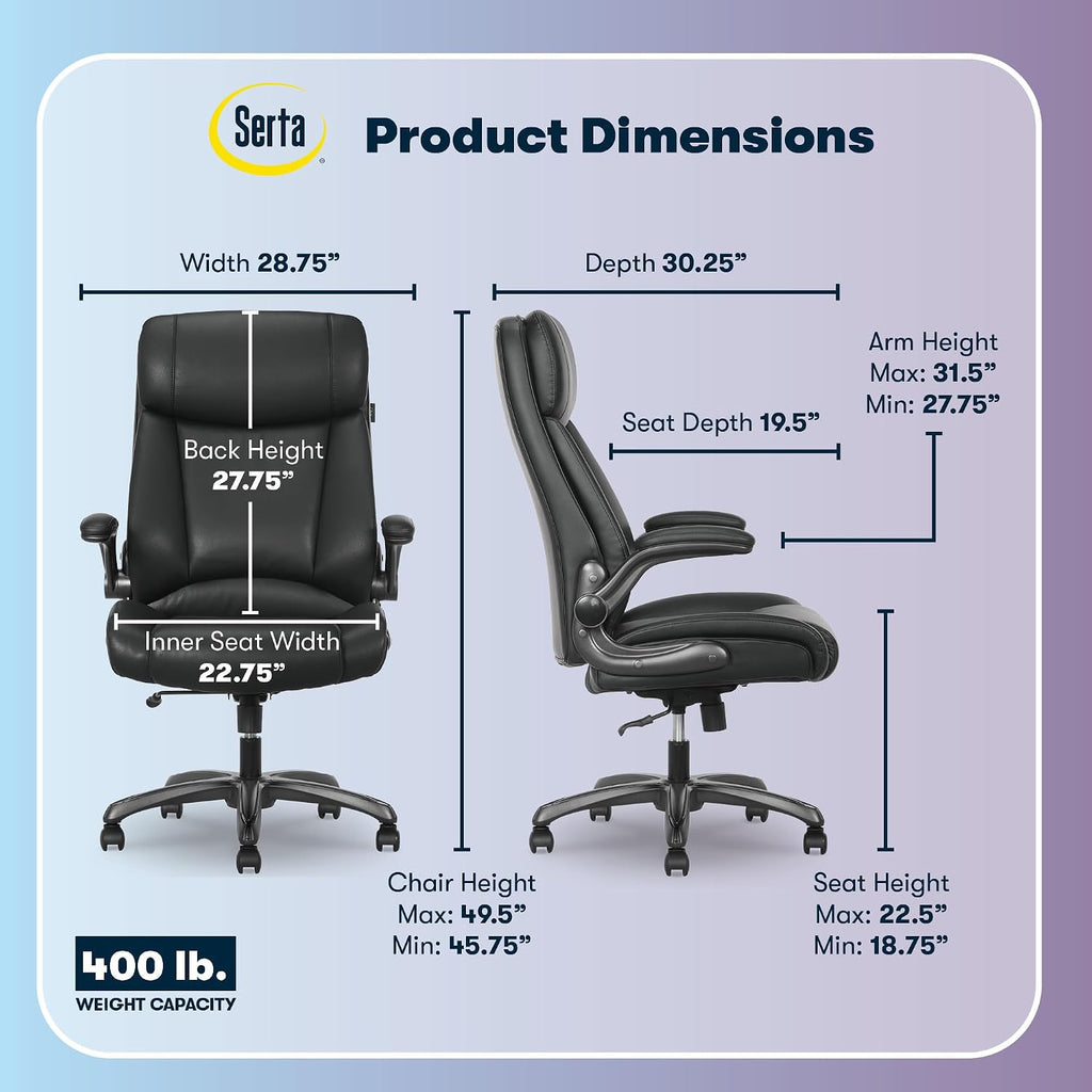 Serta Torrington Big & Tall Office Chair, with Flip-Up Padded Armrests, Ultra-Comfortable ComfortCoils Seat Cushion Technology, Modern Executive Premium PU Desk Chair, Black