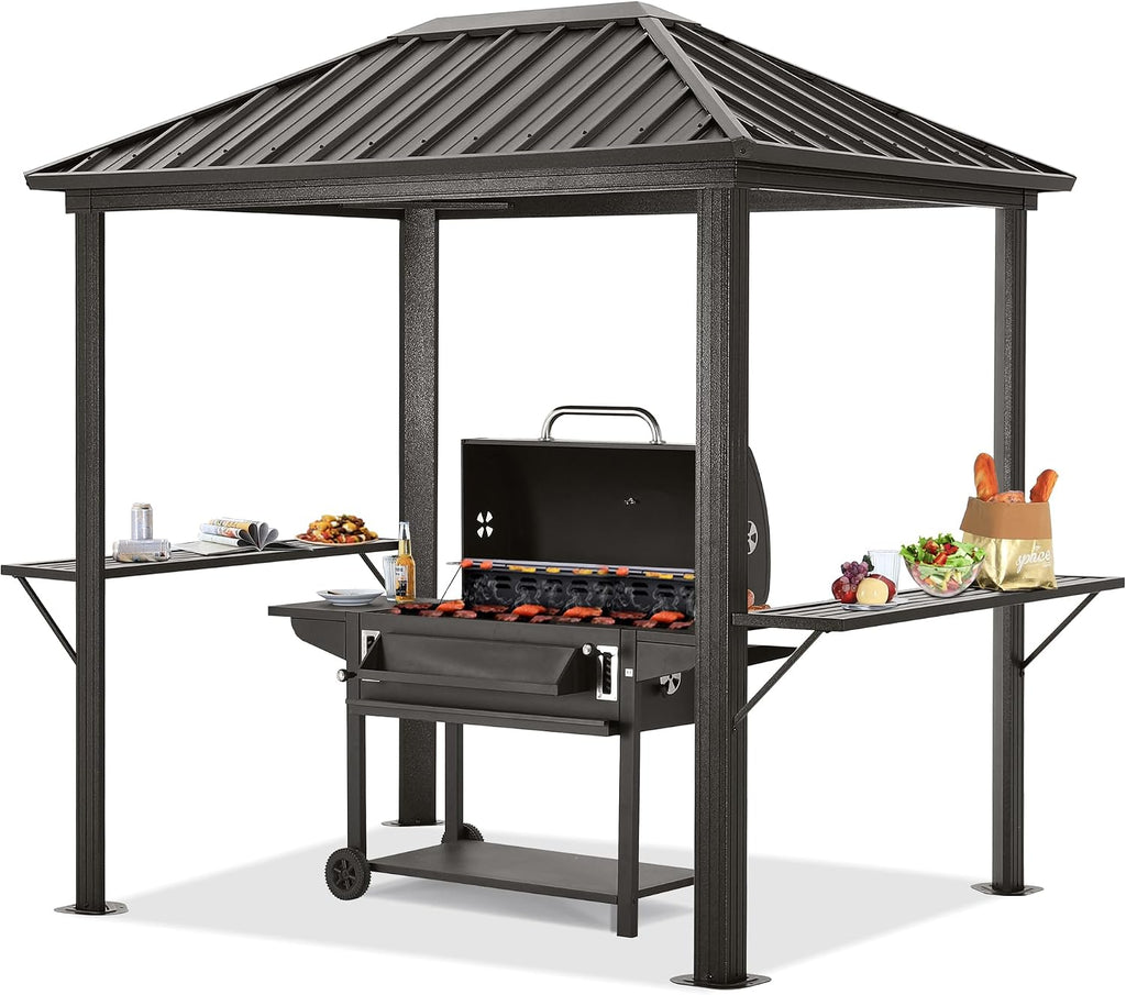 ABCCANOPY 6x8 Grill Hardtop Gazebo - Outdoor Permanent Barbecue Gazebo with Galvanized Steel Roof, Aluminum BBQ Canopy with Shelves for Patio, Lawn, Garden (Single Roof, Gray)