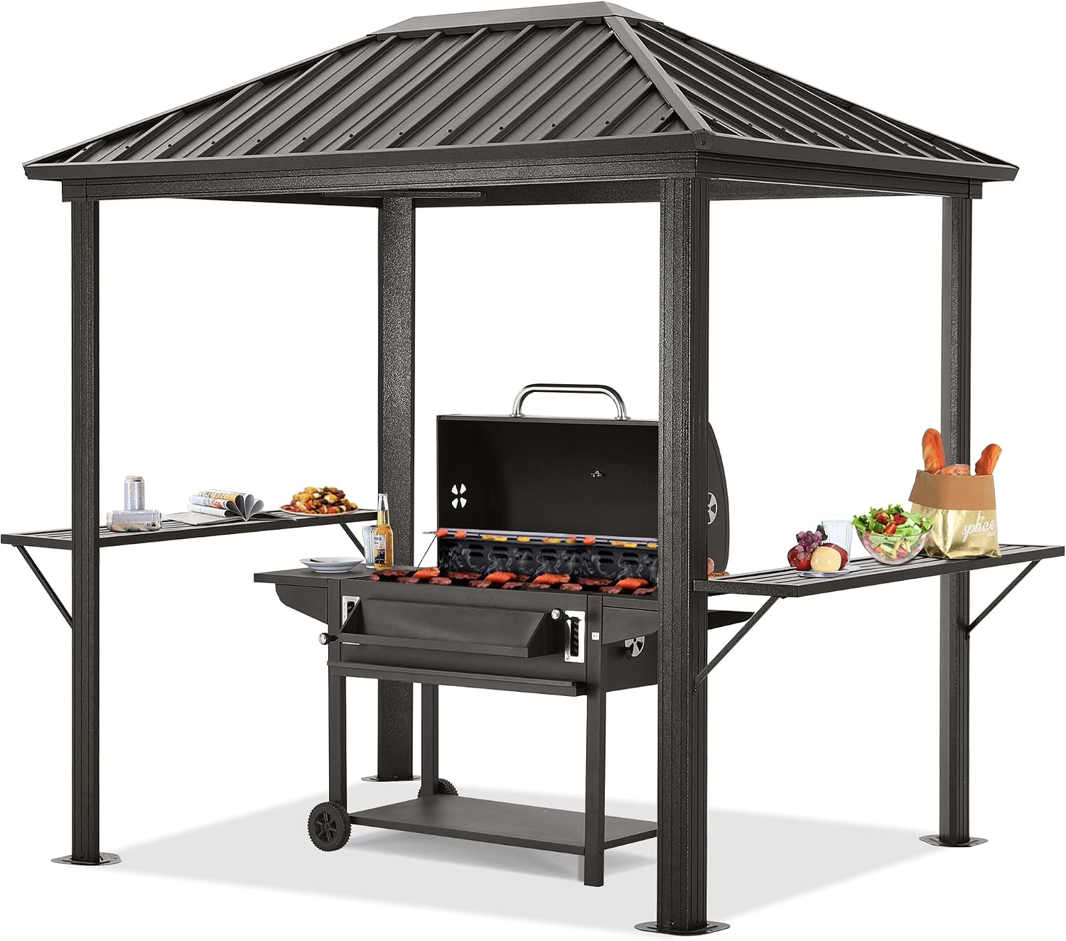 ABCCANOPY 6x8 Grill Hardtop Gazebo - Outdoor Permanent Barbecue Gazebo with Galvanized Steel Roof, Aluminum BBQ Canopy with Shelves for Patio, Lawn, Garden (Single Roof, Gray)