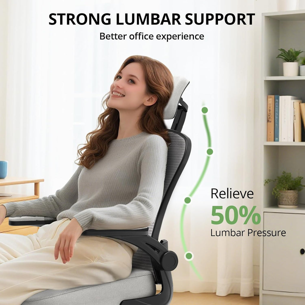 Synorla Office Chair Ergonomic Desk Chair, 330LBS Capacity, High Back Computer Design for Long Hours Comfort, Rolling Swivel Executive Task for Home Office with Flip-up Armrests, Black Grey