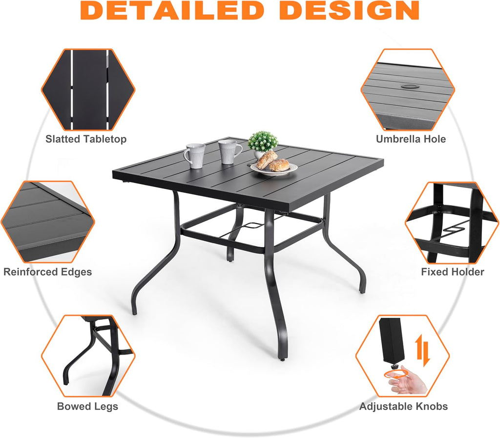 NUU GARDEN 5-Piece Outdoor Patio Furniture Dining Set, 37' Square Metal Table with 1.6' Umbrella Hole and 4 Textilene Padded Chairs, All-Weather Dining Set for Backyard, Deck, Garden, Blue