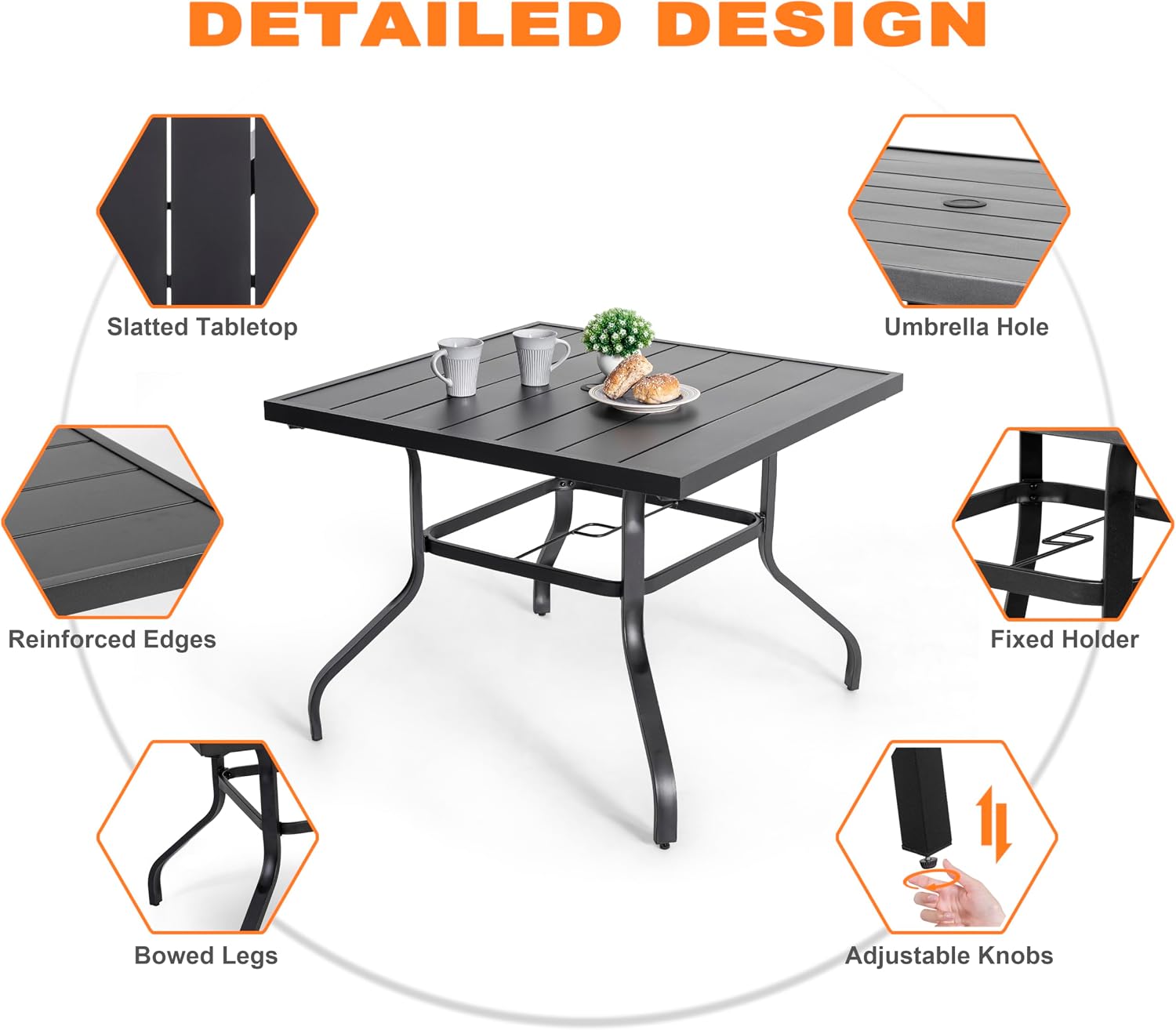 NUU GARDEN 5-Piece Outdoor Patio Furniture Dining Set, 37' Square Metal Table with 1.6' Umbrella Hole and 4 Textilene Padded Chairs, All-Weather Dining Set for Backyard, Deck, Garden, Blue